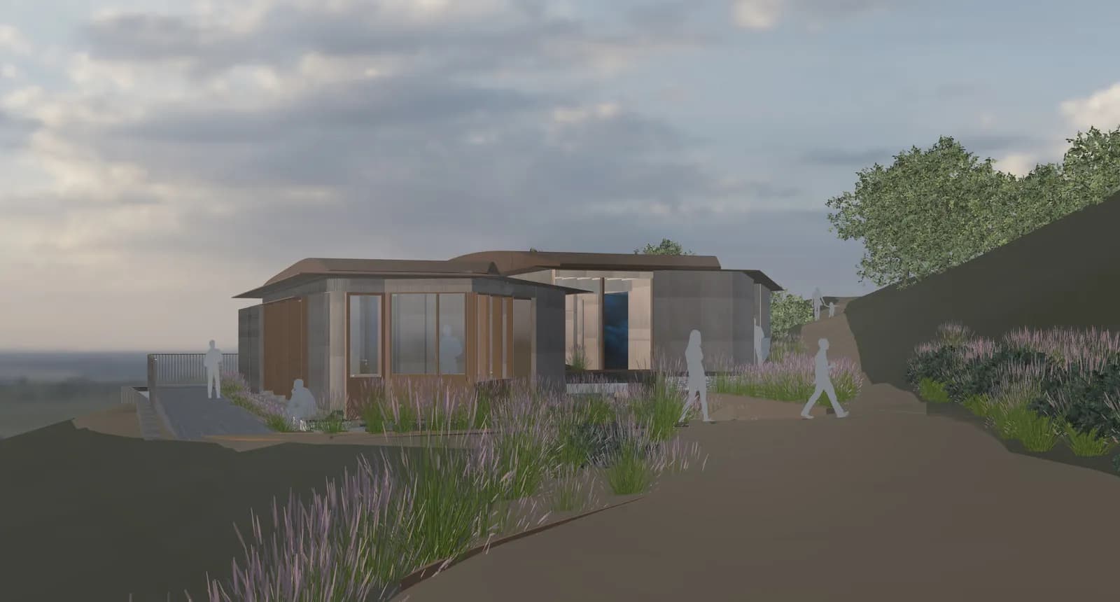 An architectural rendering of a modern building with large windows and a flat roof, situated on a hillside with a view of the ocean, surrounded by tall grasses and a path leading to it.